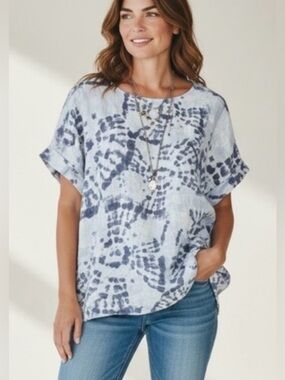 Bellambra 100% Linen Light Blue Tie-Dye Short Sleeve Tunic Top size M